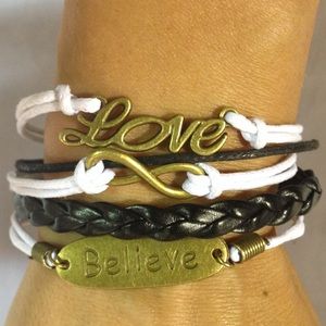 Multi strand bracelet Love Believe Infinity leather strap clasp closure